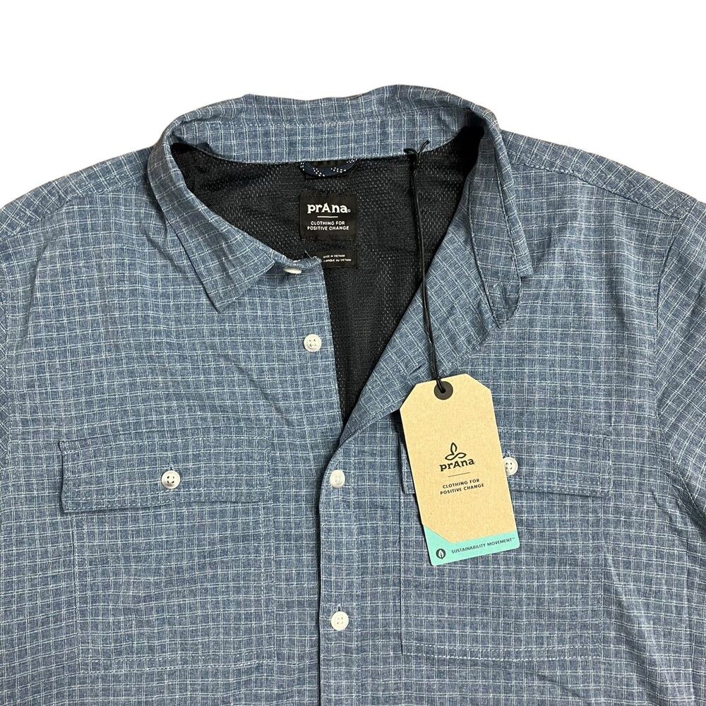 Prana Shirt Mens S Tall Blue Button Up Plaid Garvan Vented Outdoors Chest Pocket